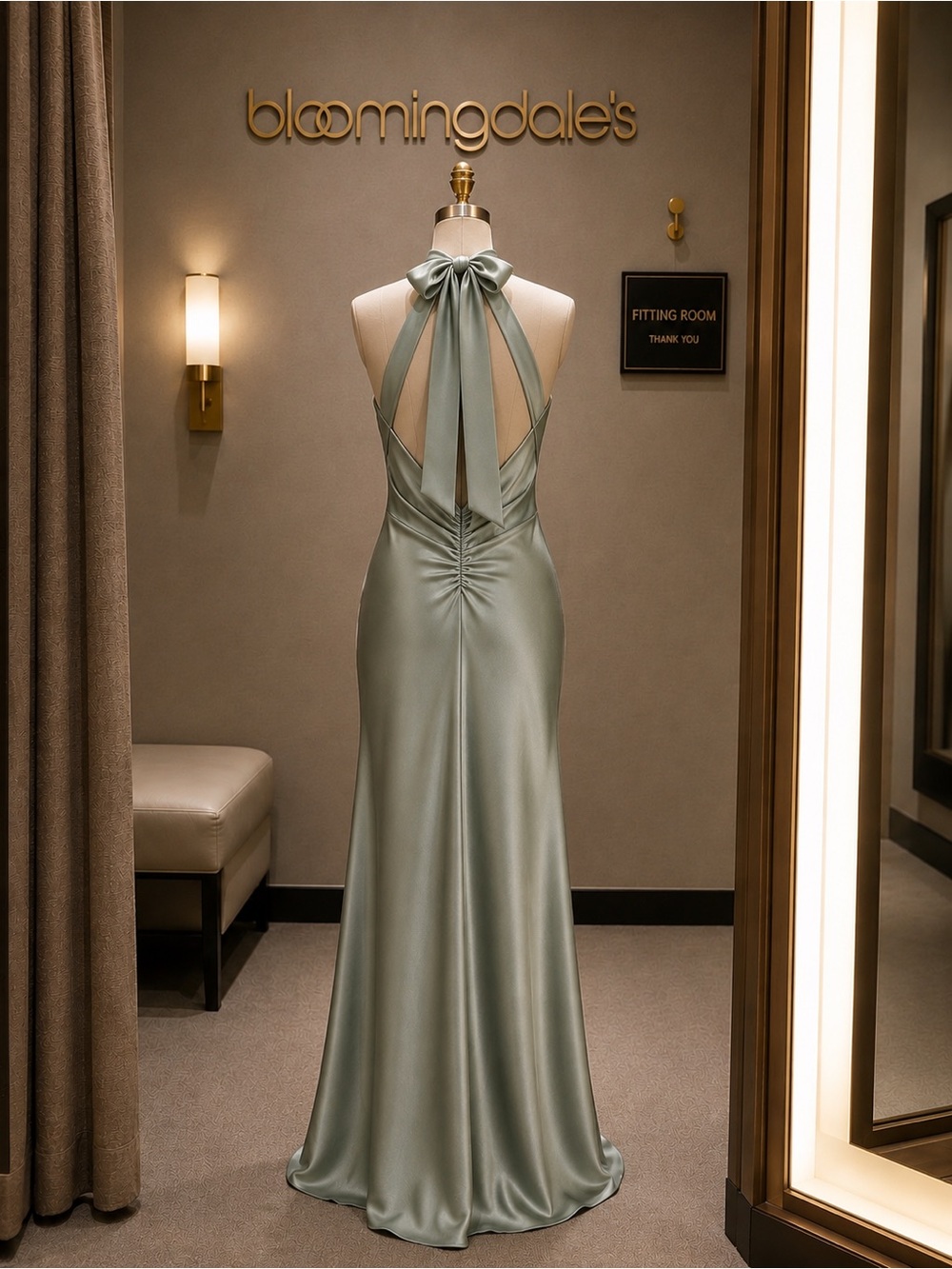 Aqua by Bloomingdale’s Sage Green Satin Halter Maxi Gown Formal Dress Size 4 - Picture 5 of 17